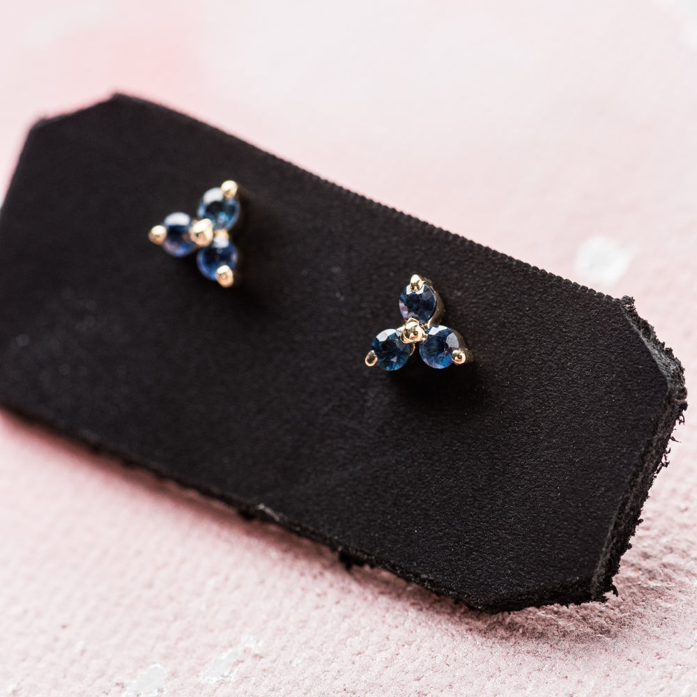 Blue Sapphire Trio Cluster Stud Earrings in 14k Gold