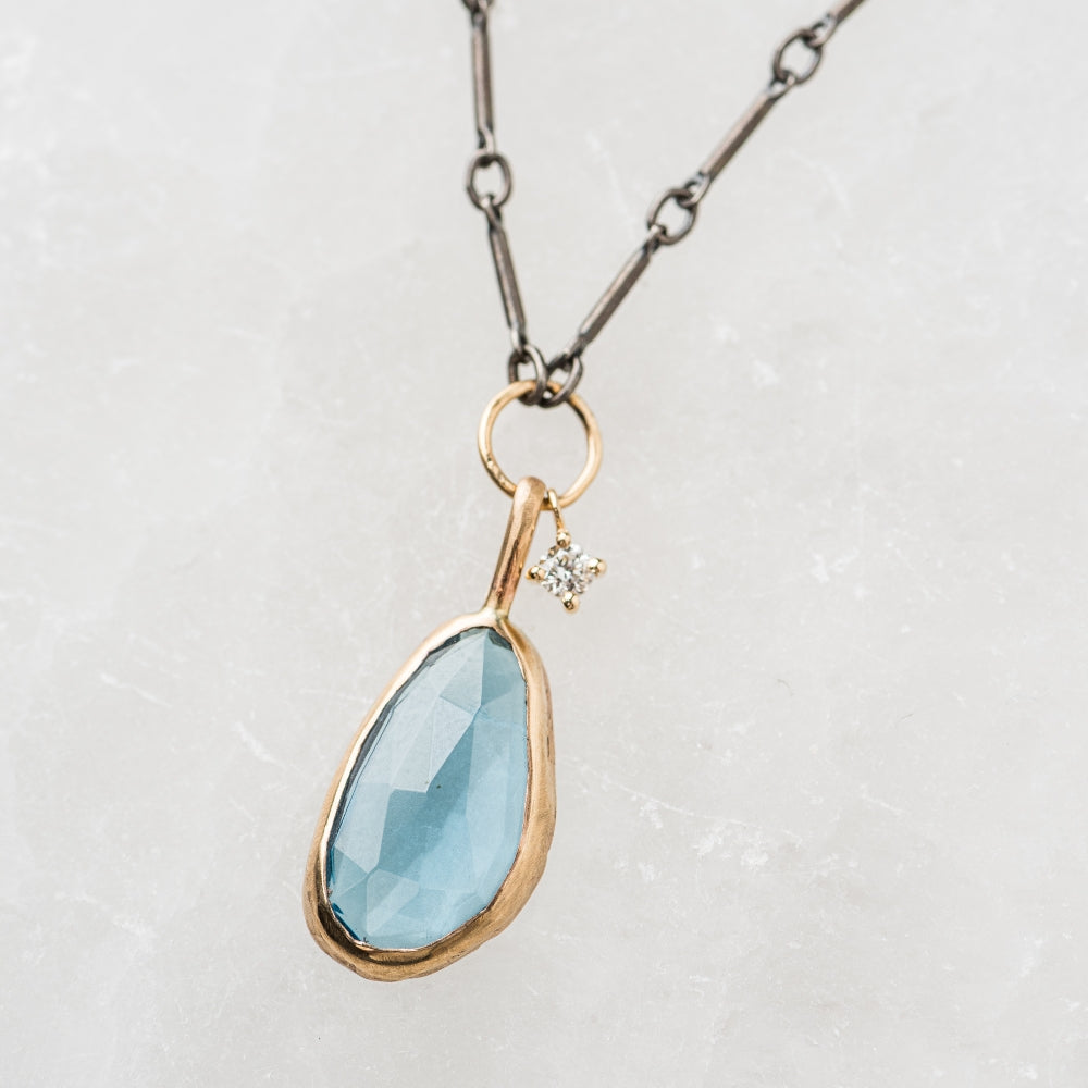 Swiss Blue Topaz Necklace with Lab Grown Diamond in 14k Sterling