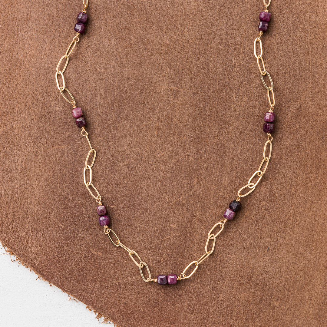 Ruby Cube Station Necklace on Chunky Gold Paperclip Chain