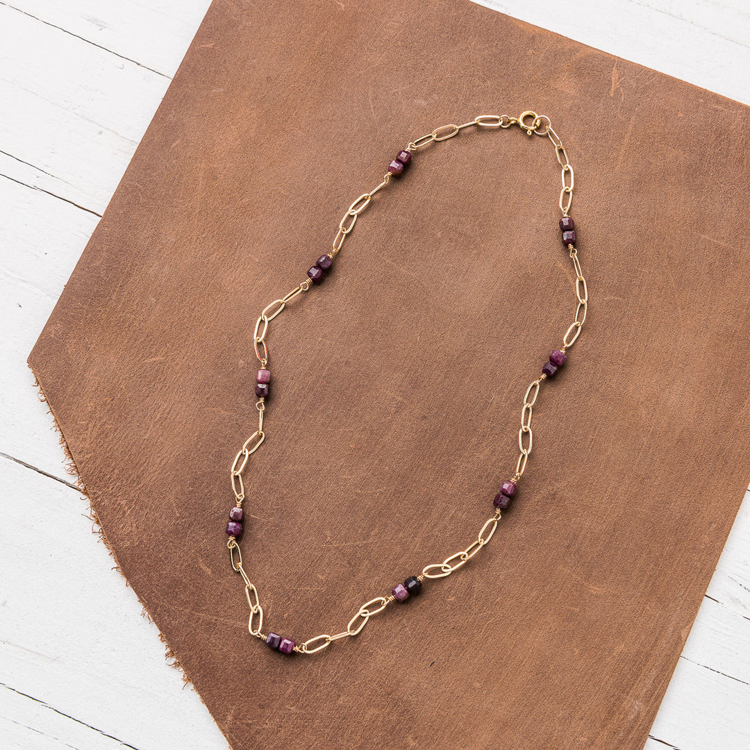 Ruby Cube Station Necklace on Chunky Gold Paperclip Chain