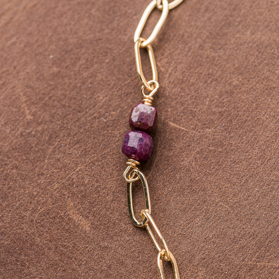 Ruby Cube Station Necklace on Chunky Gold Paperclip Chain