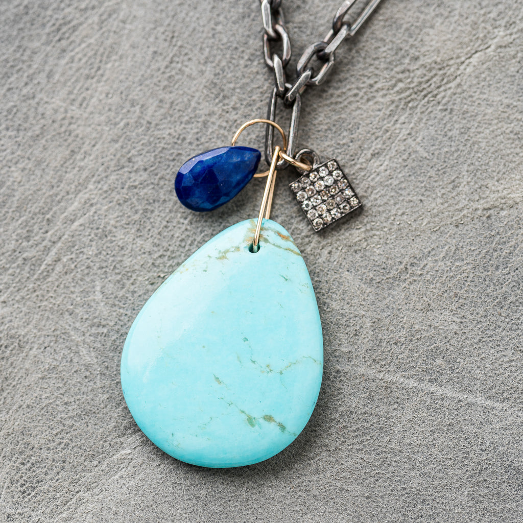 Kingman Turquoise Necklace with Lapis and Diamond Square