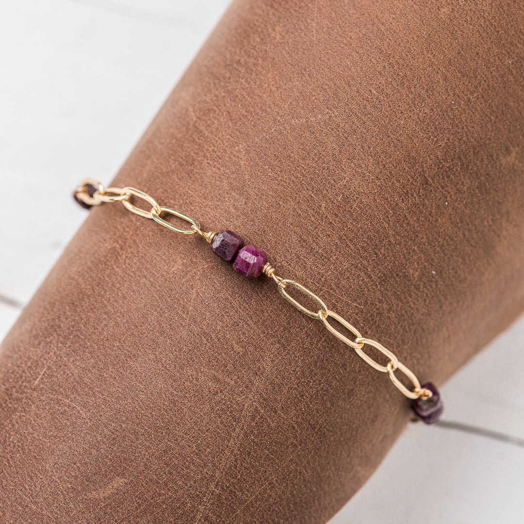 Ruby Cube Station Bracelet on Chunky Gold Paperclip Chain