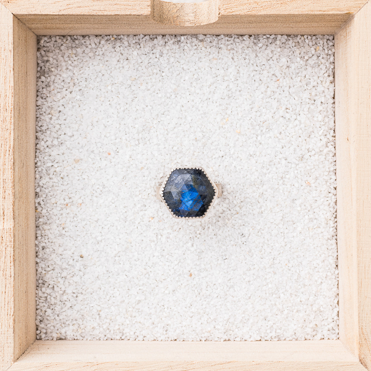 Deep Blue Labradorite Hex Ring with Serrated Bezel – Original Hardware